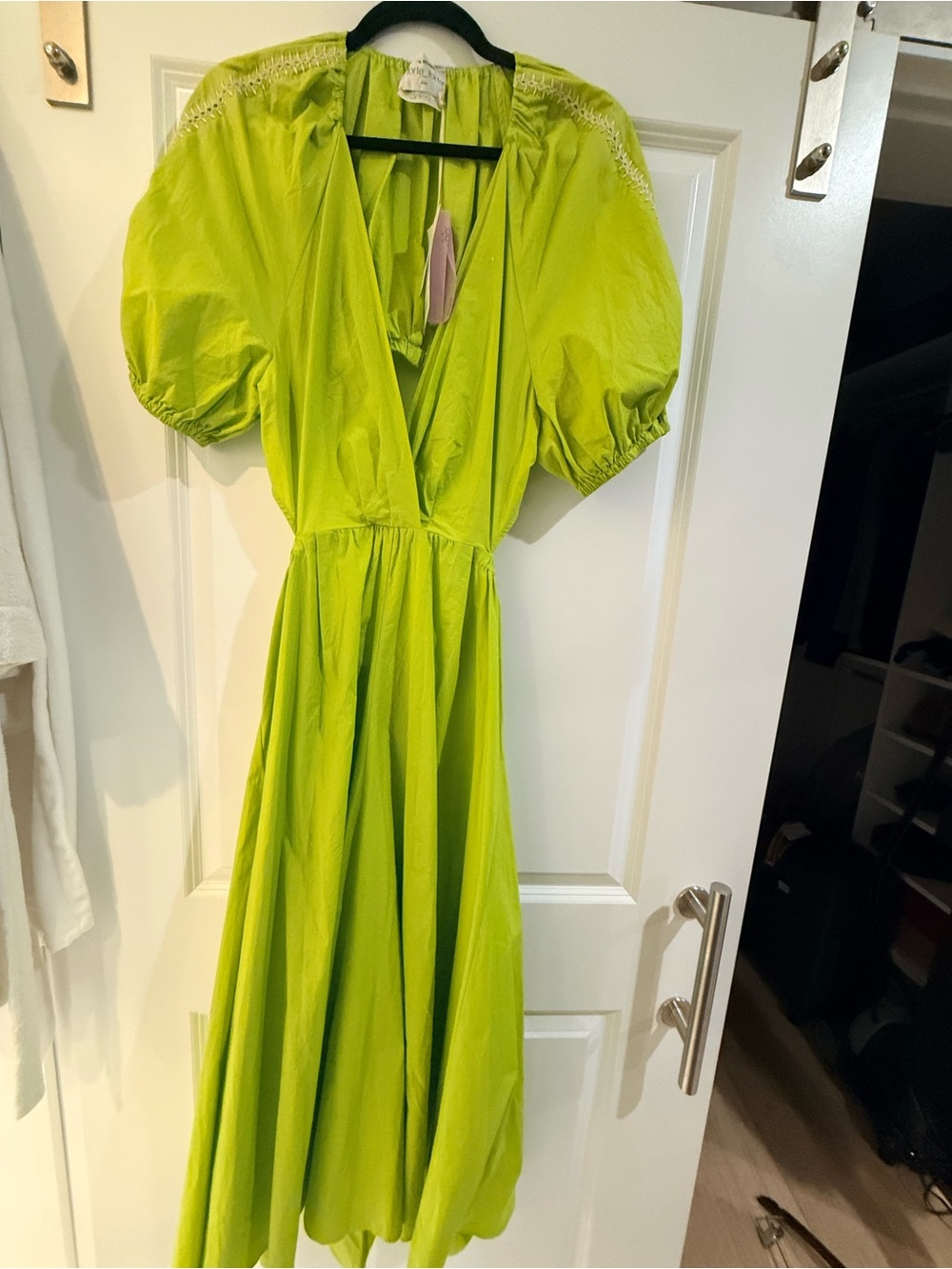 Lime Green Puff Sleeve Maxi Dress with Deep V-Neck